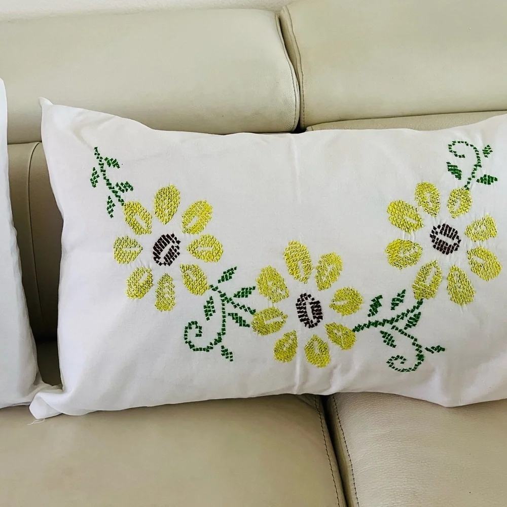 Floral Embroidered White Throw Pillows 17/26 inches